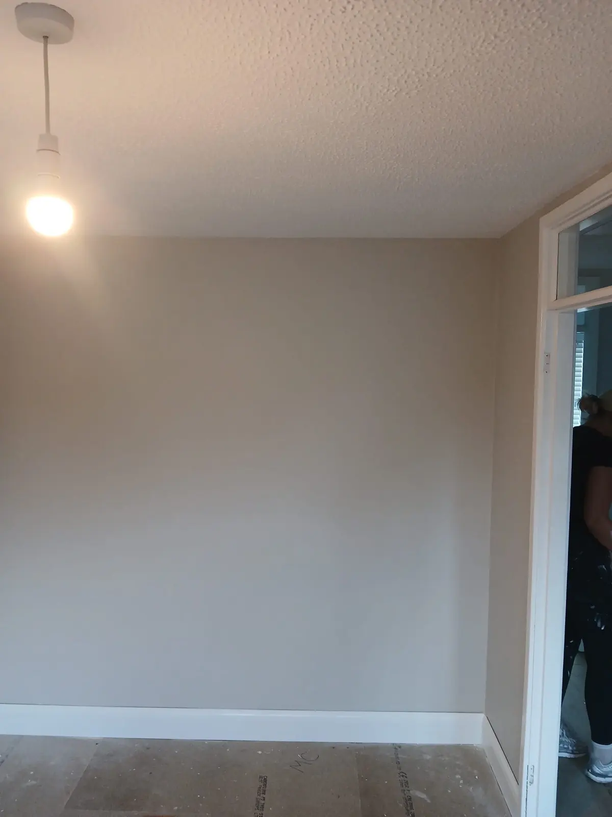 Room with smooth neutral painted walls, white skirting and a pendant bulb